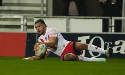 St Helens winger Lewis Murphy scoring a try