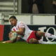 St Helens winger Lewis Murphy scoring a try