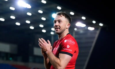 - 20/03/2025 - Rugby League - Betfred Super League Round 5 - Salford Red Devils v Huddersfield Giants - Salford Community Stadium, Eccles, England - Ryan Brierley of Salford celebrates his teams victory over Huddersfield