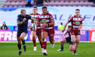 - 30/03/2025 - Rugby League - Betfred Super League - Wigan Warriors v Salford Red Devils - The Brick Community Stadium, Wigan, England - Patrick Mago of Wigan breaks through the Salford defence