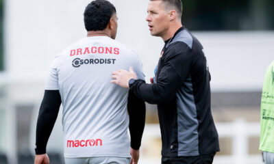 Catalans Dragons interim coach Joel Tomkins leads training