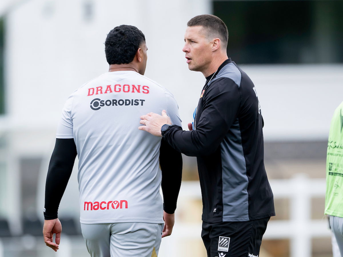 Catalans Dragons interim coach Joel Tomkins leads training