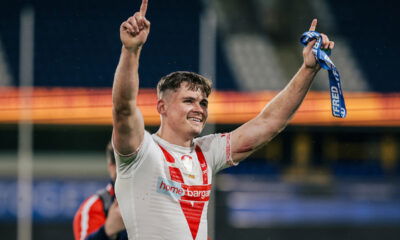 St Helens star Jack Welsby celebrates player of the match medal