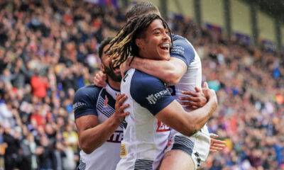 England and NRL winger Dom Young celebrates a try with teammates