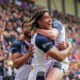 England and NRL winger Dom Young celebrates a try with teammates