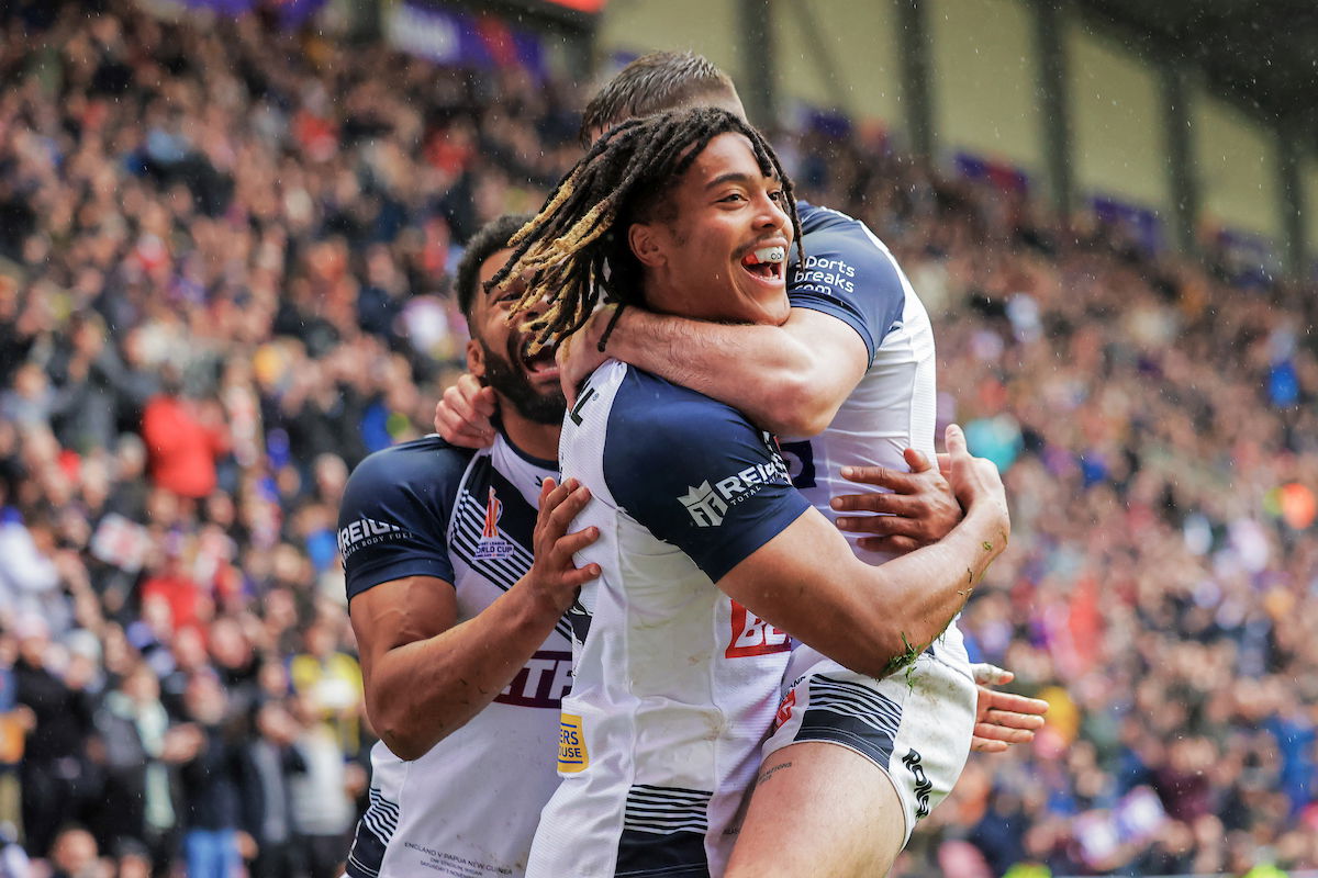 England and NRL winger Dom Young celebrates a try with teammates