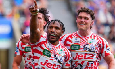 Leigh Leopards v Catalans Dragons as Edwin Ipape celebrates scoring a try