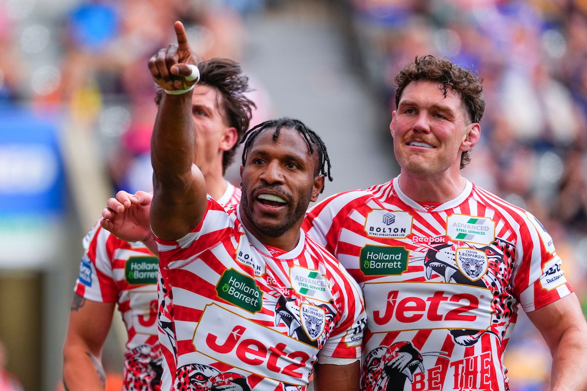 Leigh Leopards v Catalans Dragons as Edwin Ipape celebrates scoring a try