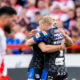 Hull KR v Leeds Rhinos as Lachlan Miller celebrates scoring a try