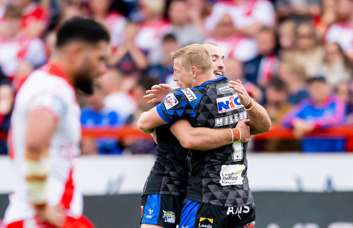 Hull KR v Leeds Rhinos as Lachlan Miller celebrates scoring a try