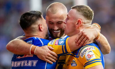 Leeds Rhinos celebrate a try in win over Salford Red Devils