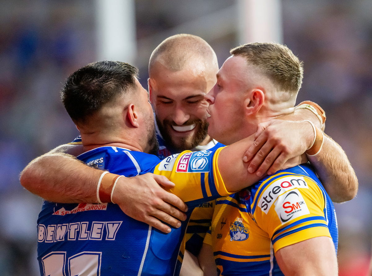 Leeds Rhinos celebrate a try in win over Salford Red Devils