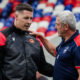 Wakefield Trinity boss Daryl Powell talks to Catalans coach Joel Tomkins