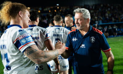Wakefield Trinity boss Daryl Powell celebrates win with players