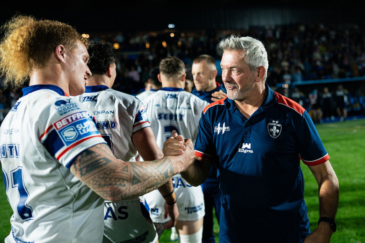 Wakefield Trinity boss Daryl Powell celebrates win with players