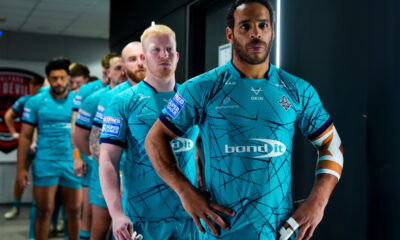 Huddersfield Giants captain Leroy Cudjoe leads his side out of the tunnel